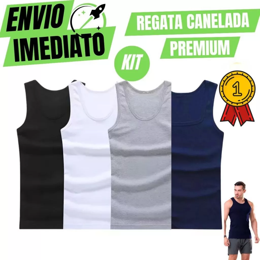 Kit De 4 Regata Premium Masculina Modelo Americano Canelada Algodão e Elastano Malha Encorpada Ultra