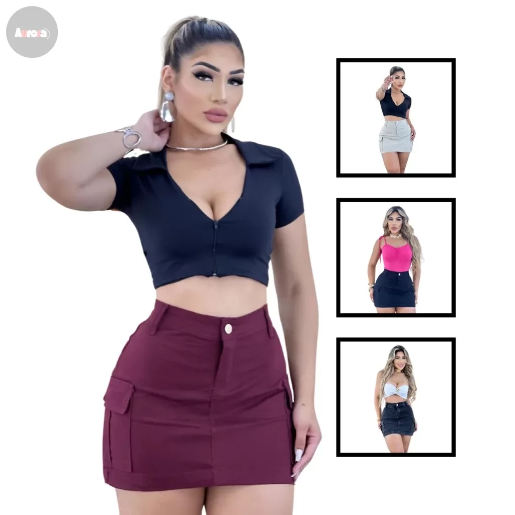 Kit 2 Saias Jeans Feminina Cargo Cintura Alta Diversas Cores