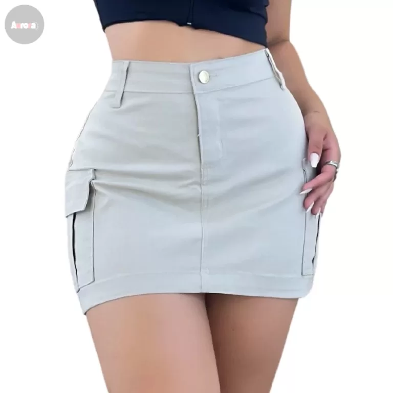 Saia Jeans Feminina Cargo Cintura Alta Bege, Helen