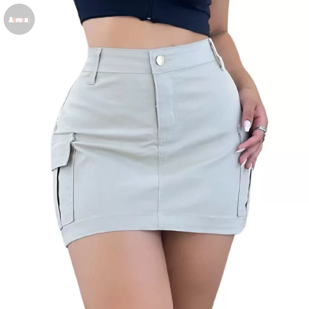 Saia Jeans Feminina Cargo Cintura Alta Bege, Helena Top Jeans