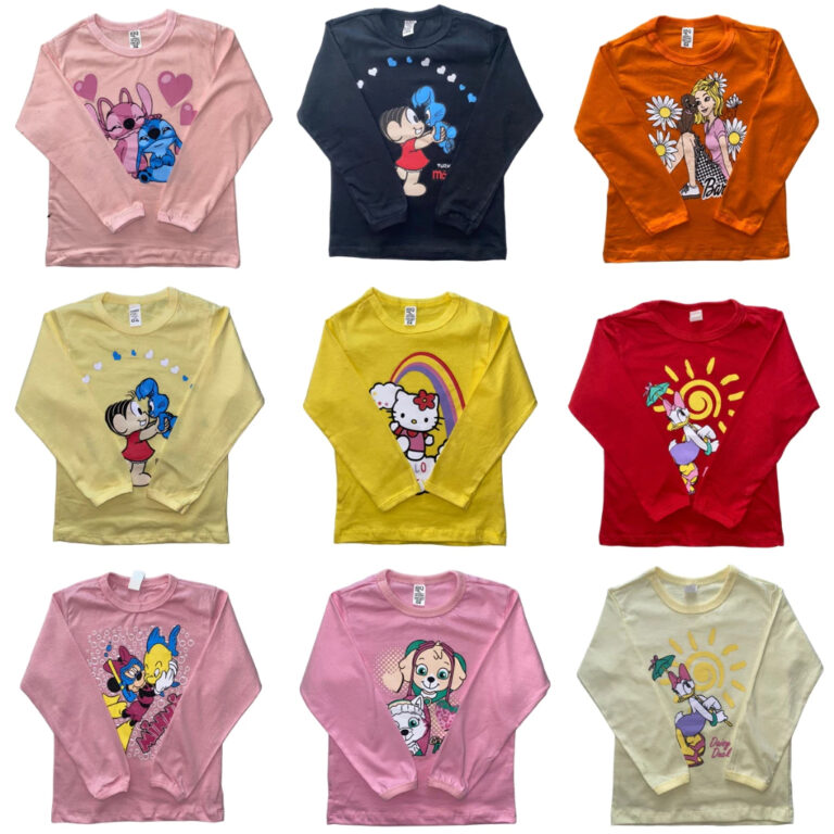 Kit 5 Camisetas Infantil Feminina Manga Comprida C