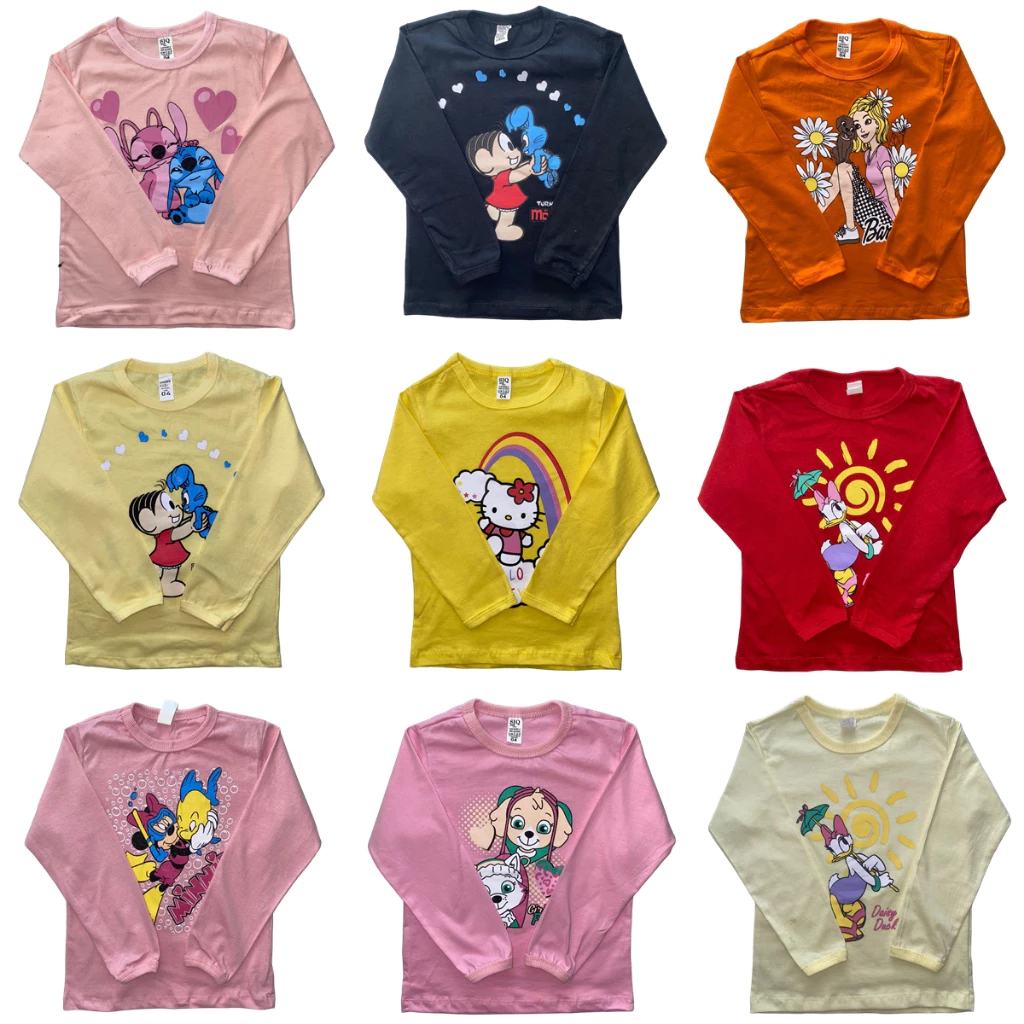 Kit 5 Camisetas Infantil Feminina Manga Comprida Com Estampa Desenhos Menina Frio Inverno Meia Estaç