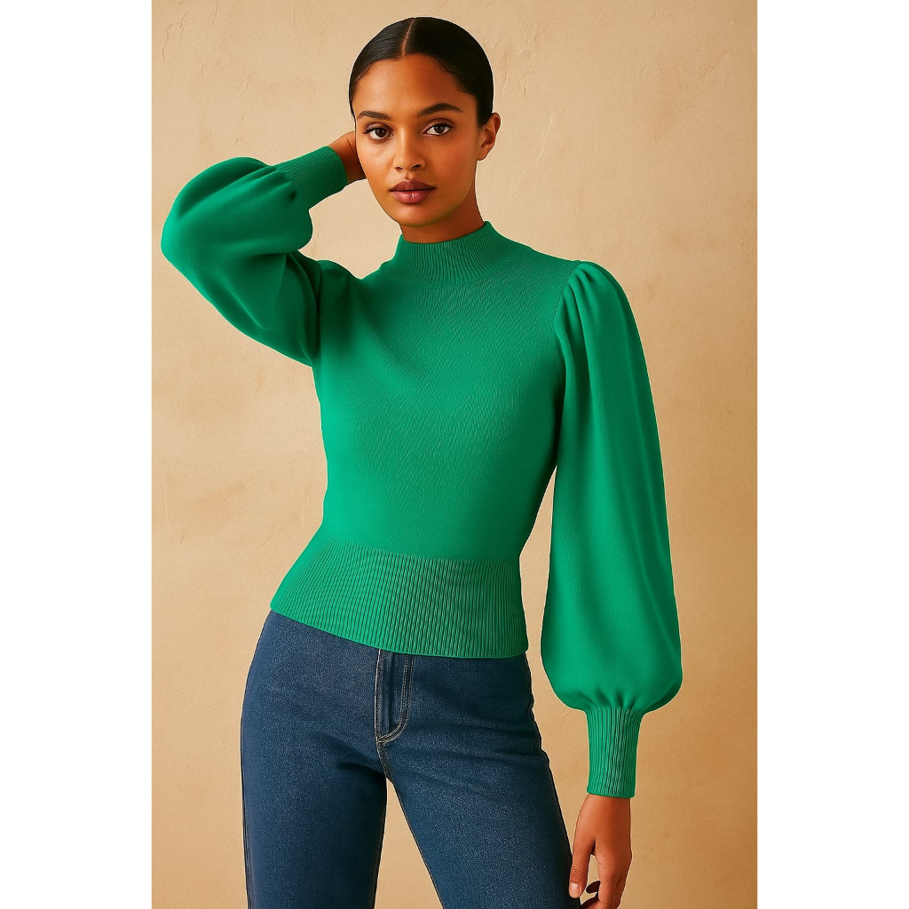 Blusa Tricô Feminina Manga Bufante Gola Alta Canelada Inverno