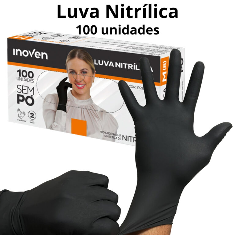 Luva Nitrílica Preta Descartável Sem Pó 100 Uni