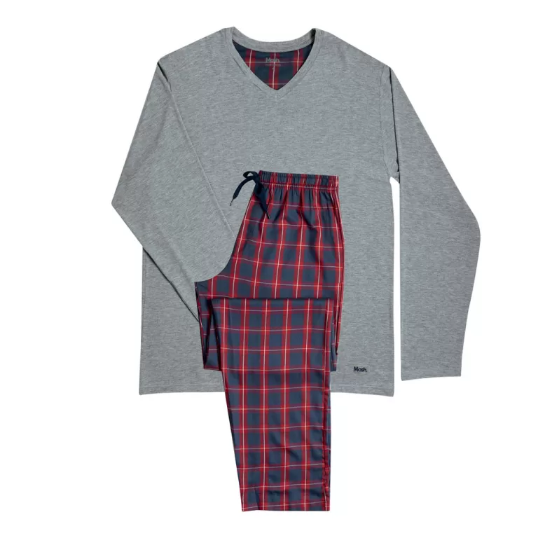 PIJAMA VISCOSE GOLA V MANGA LONGA COM CALCA XADREZ