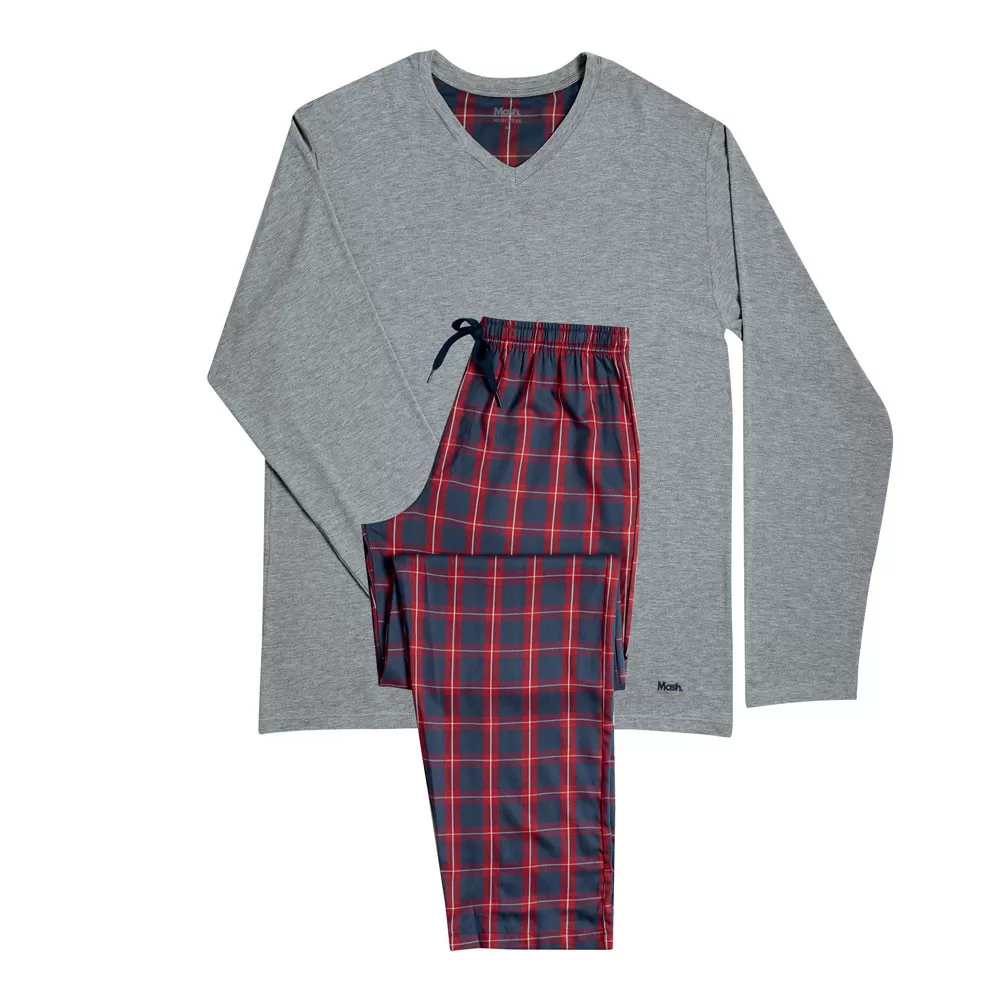 PIJAMA VISCOSE GOLA V MANGA LONGA COM CALCA XADREZ