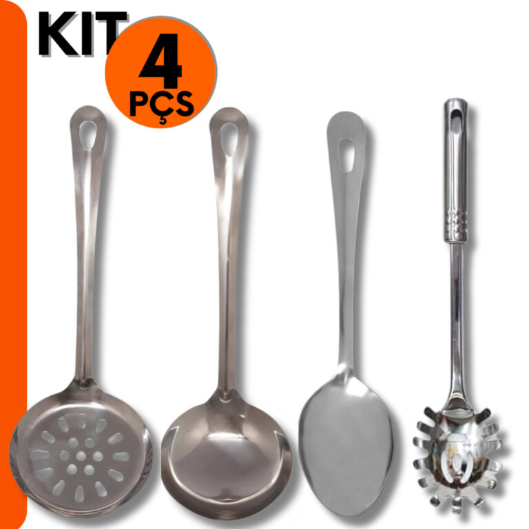 Kit Inox Colher de Arroz, Concha, Escumadeira, Peg