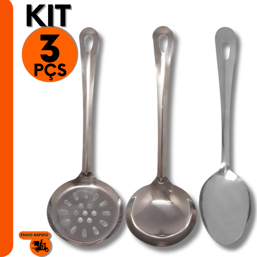 Kit Inox Concha, Escumadeira e Colher de Arroz :Cozinha Restaurante Casa