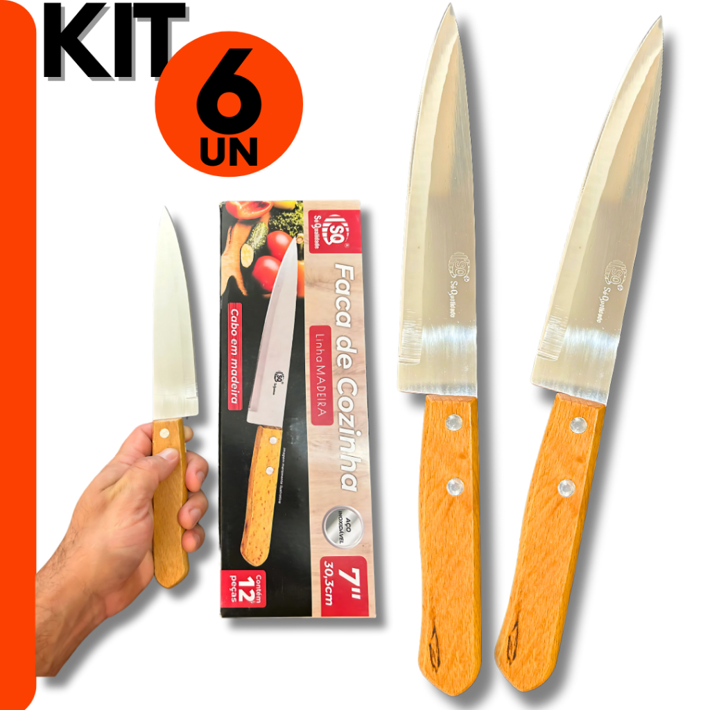 Kit 6 Facas para Cozinha Com Cabo em Madeira 6