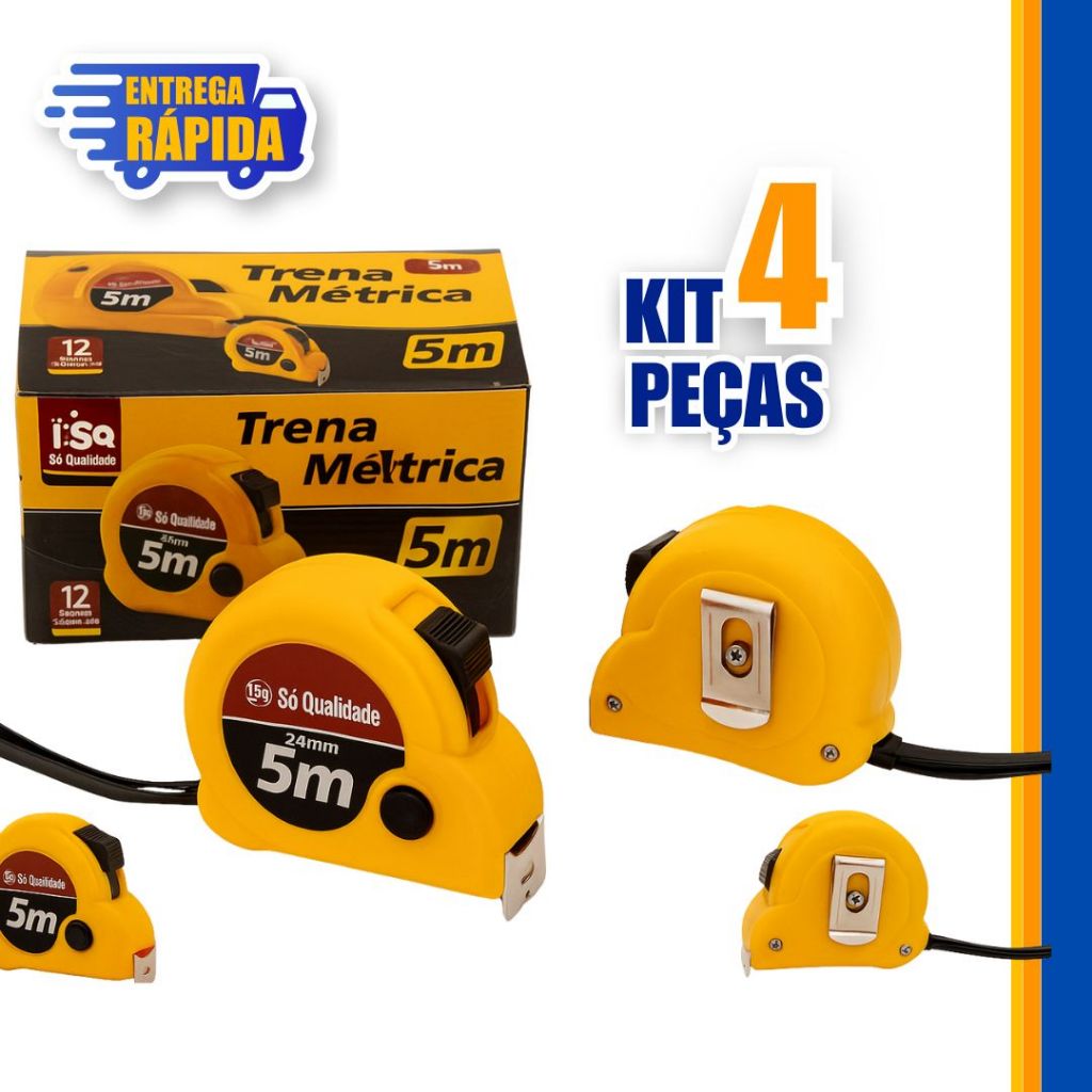 4 Peças Trena 5 Metros x 24 mm de Metal Trava Freio Manual, Agilidade na Aferição nas medidas