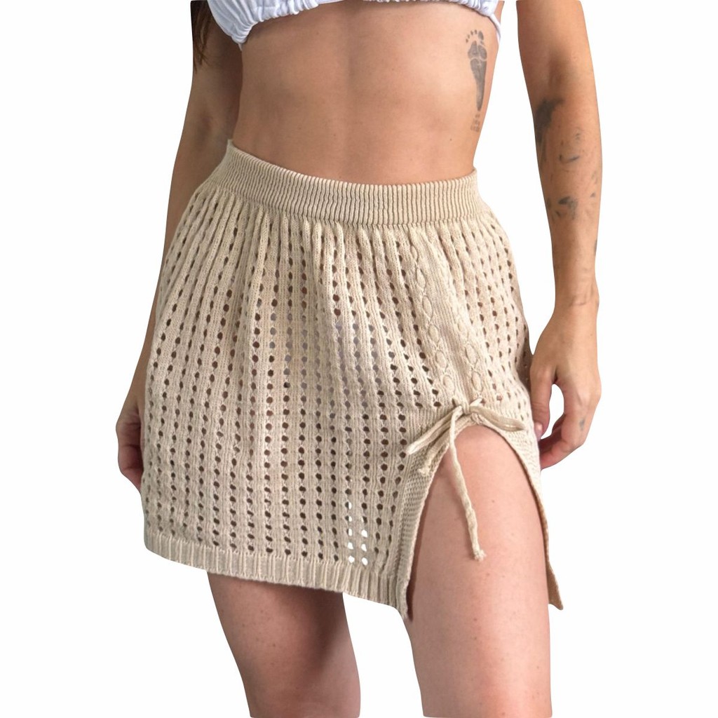 Tricot Verão Moda Praia Saia Feminina com Cordão Lateral