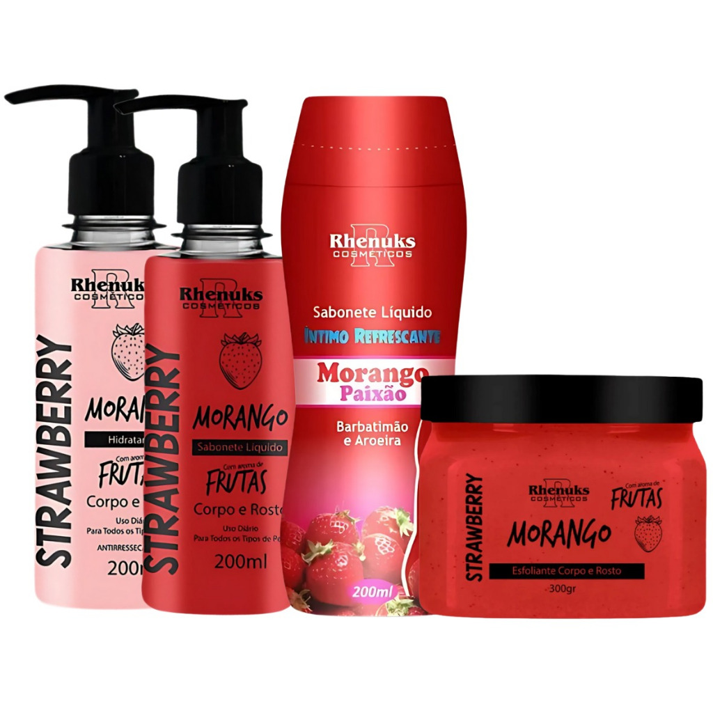Kit Cuidados Pessoais Morango 4 Itens Hidratação Limpeza e Esfoliação