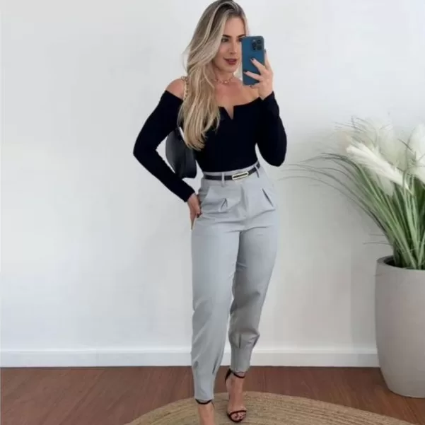 Calça Alfaiataria Feminina Cintura Alta Plus Size