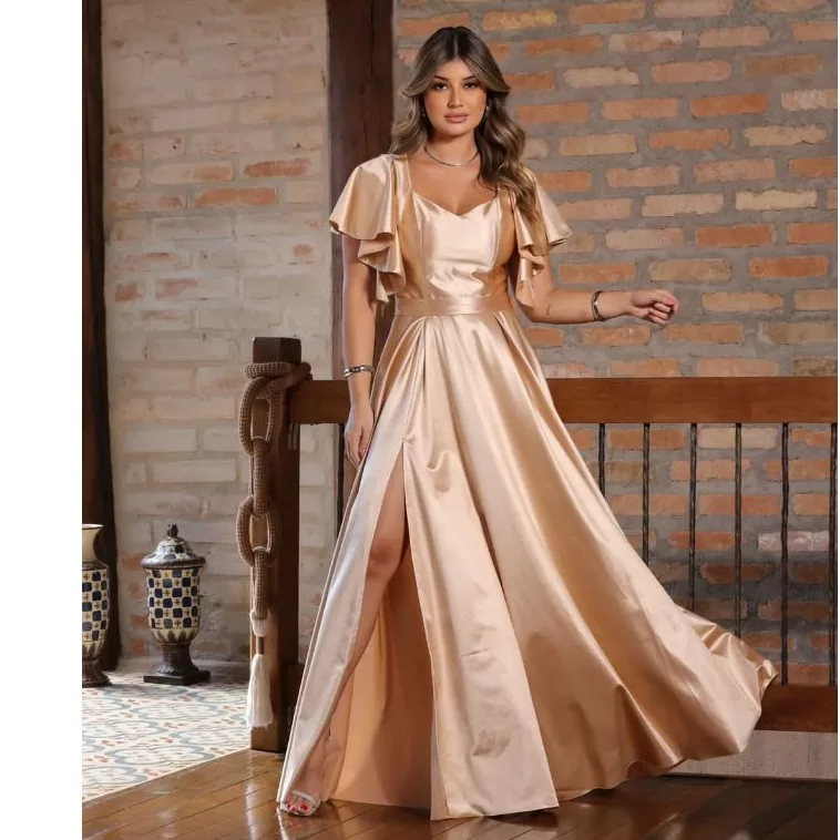 Vestido Longo de Festa Manga Curta Com Babados Aci