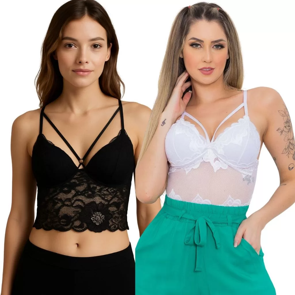 Kit 2 Cropped Feminino Rendado Moda Feminina Confortável Sem Aro De Alcinha Sutiã