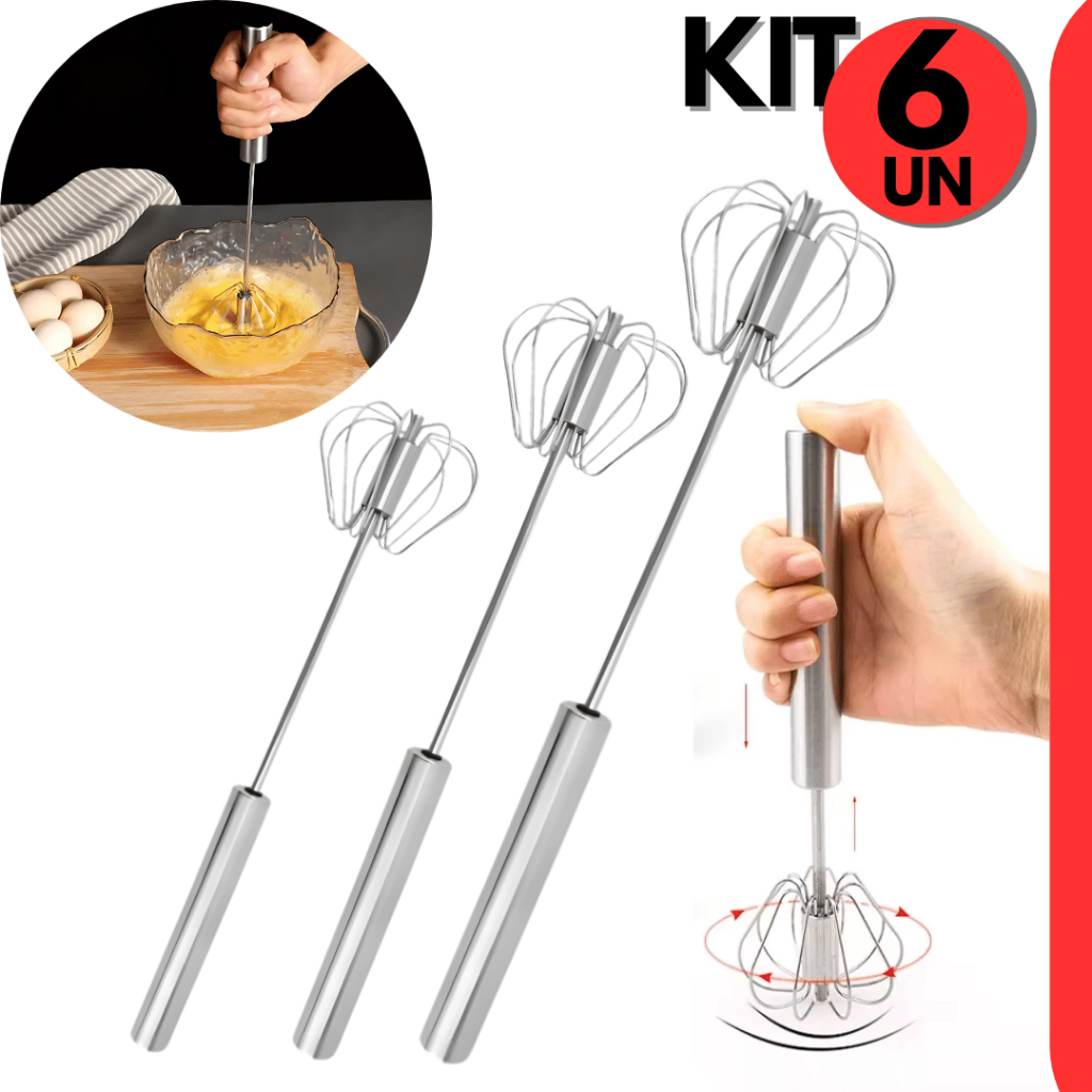 Kit 6 Un Mixer Profissional Batedor Semi Automático Giratório Aço Inox