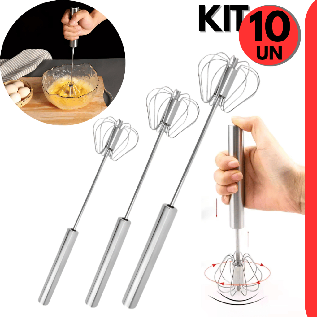 Kit 10 Un Mixer Profissional Batedor Semi Automático Giratório Aço Inox