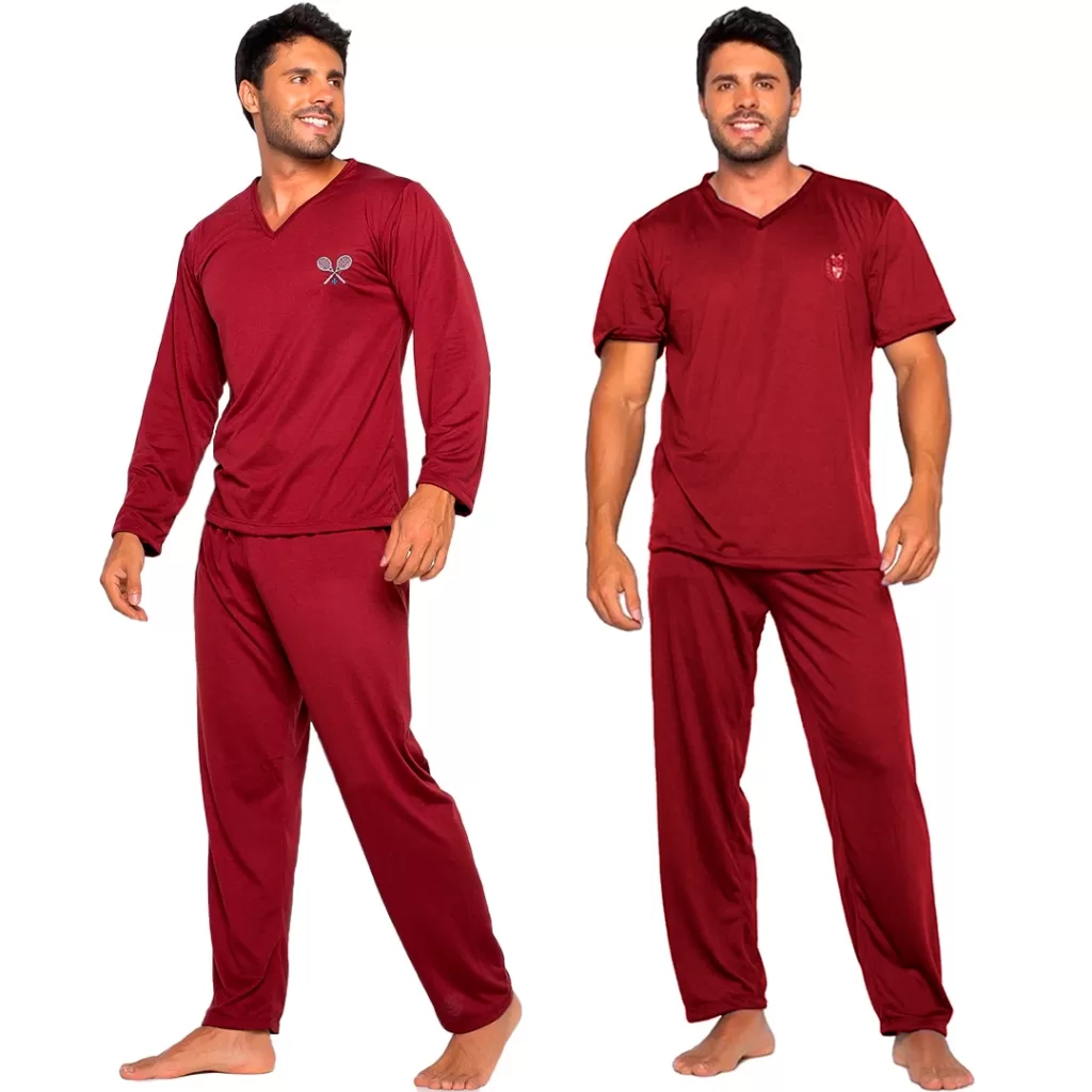 Kit Trajes de Dormir Lisos Poliéster Pijama Masculino Conforto Manga Curta e Manga Longa