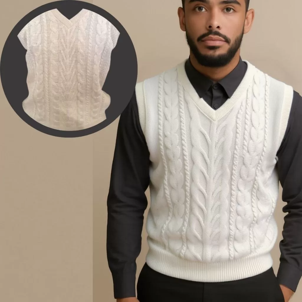 Suéter Colete Masculino Tricô Aram Trança Gola V Clássico Casual Look Sofisticado Tricot  Inverno