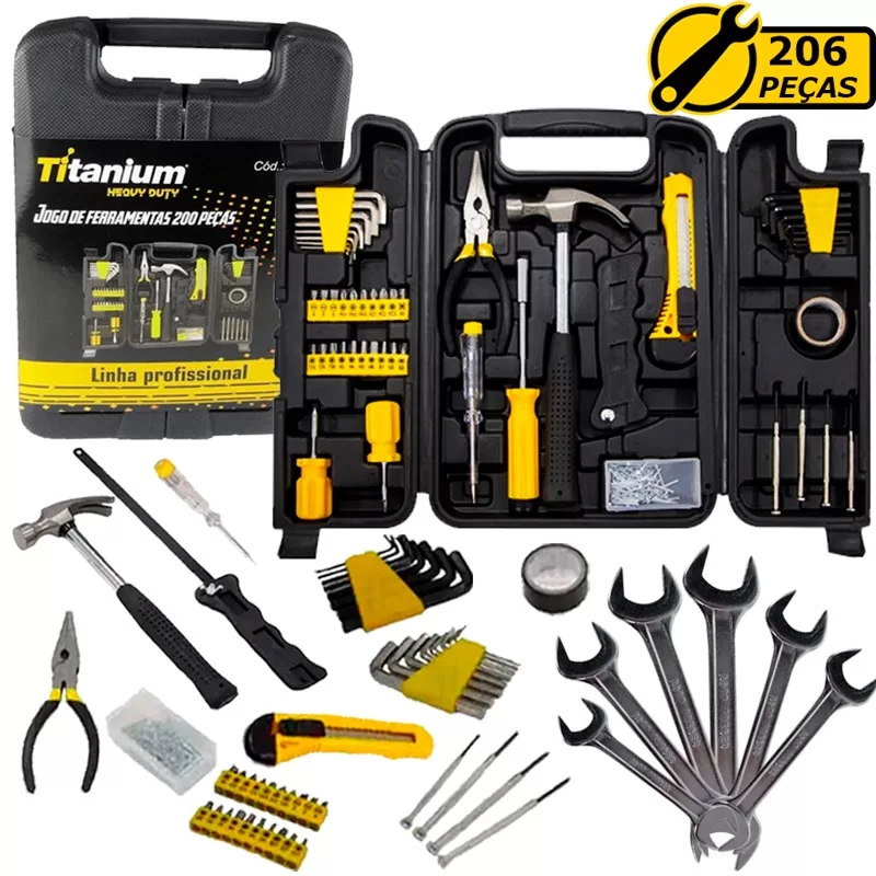 Jogo De Ferramentas Manuais Bancada 206 Peças Com Chave Fixa Uso Geral Aço Carbono Semi Profissional