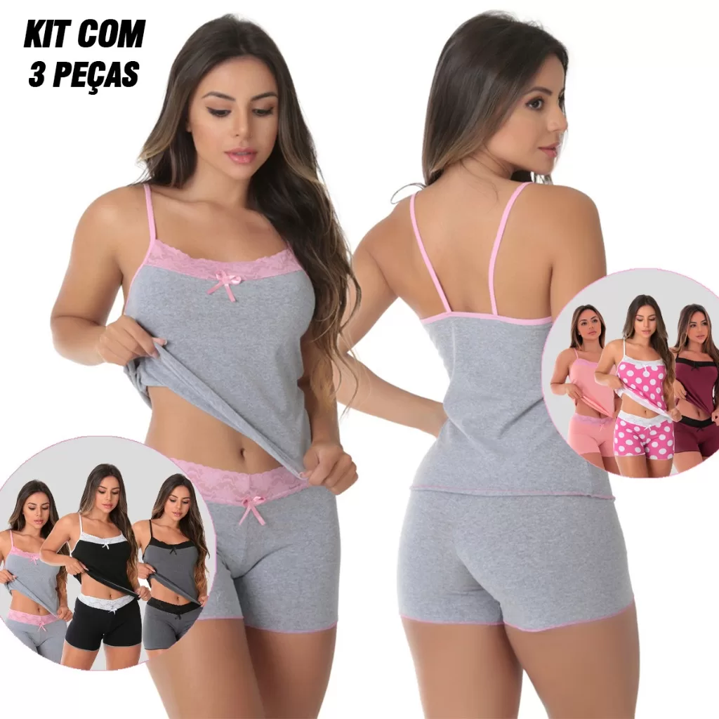 KIT 3 Baby Doll Algodão Pijama Feminino Mali Kit Pijamas