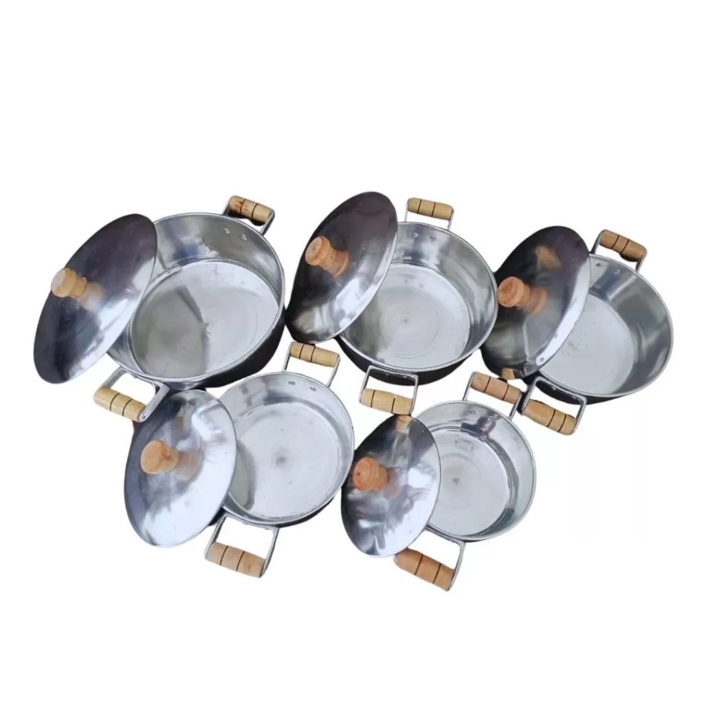 Panelas Alumínio POLIDO Fundido/Batido | Tampas Incluídas | Padrão Rústico Baixo (Conj 5 Panelas)