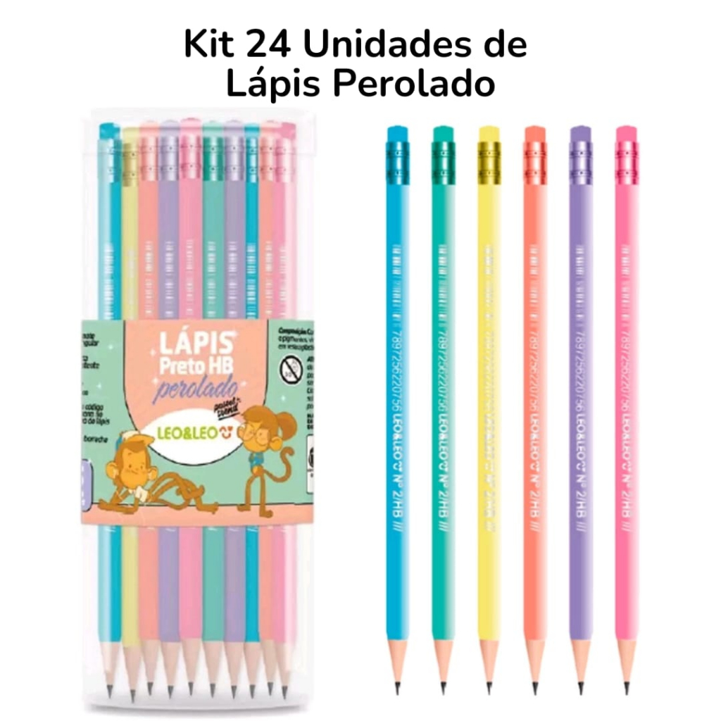 Kit 24 Lápis Tom Pastel Perolado com Borracha de Escrever Escolar Ponta Resistente LeoELeo