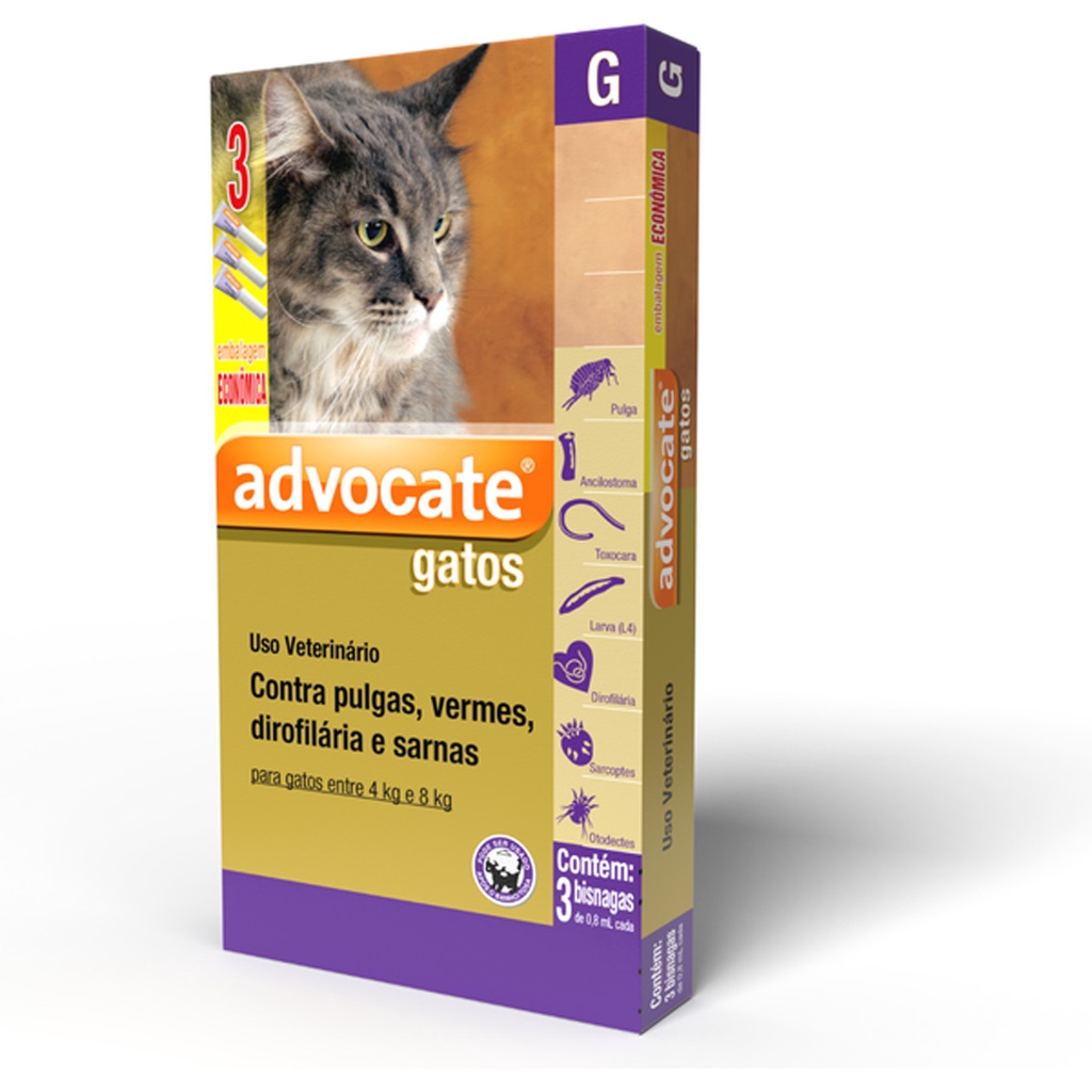 Advocate Elanco 0,8 mL para Gatos de 4 a 8 Kg – 3 Bisnagas