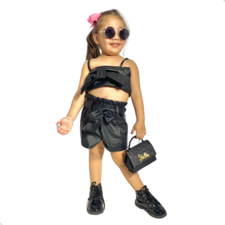 Conjunto Infantil Courinho Top Laço + Short Couro