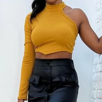 Cropped Feminino Canelado Sem Bojo Gola Alta Mula 