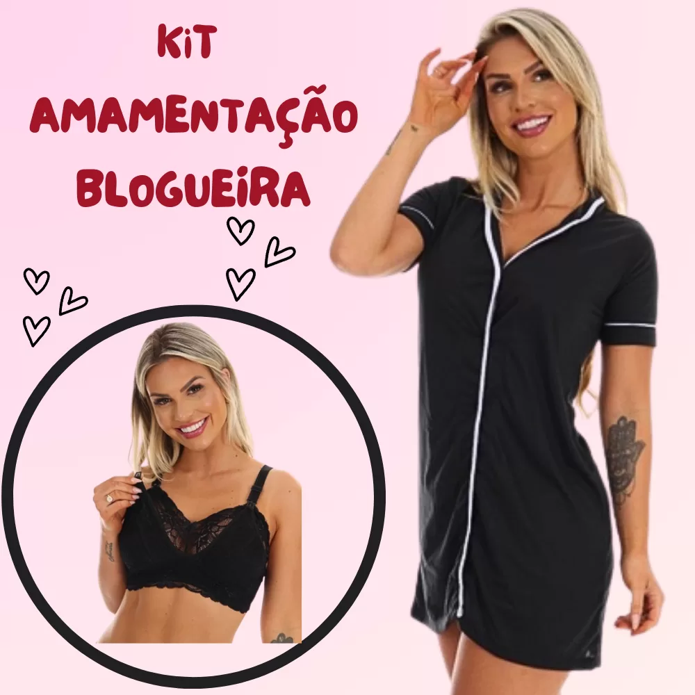 Kit Maternidade Blogueira Camisola Amamentação e Sutia Preto Gestante Pós parto Saida de Maternidade