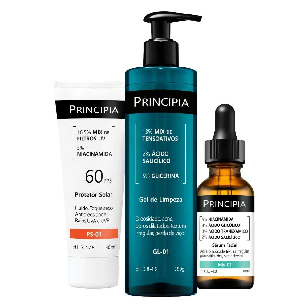 Principia Kit Anti-Acne Trio c/ Gel de Limpeza GL-01 + Serum Mix-01 + Protetor Solar Facial PS-01 FP
