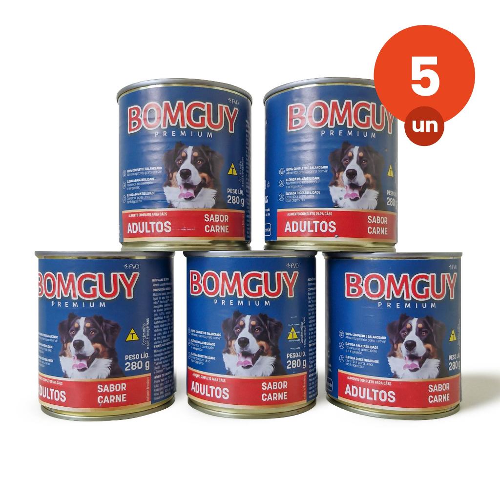 Kit 5 Bomguy Premium Patê Sabor Carne Ração Úmida para Cães Adultos 280g FVO