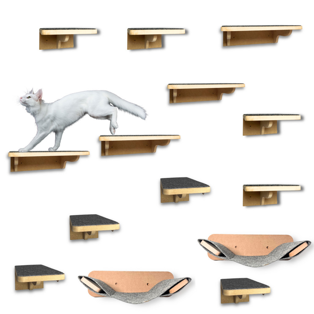 Kit Prateleira Para Gato MDF 15mm REFORÇADO Com Rede 14pçs Acompanha Kit Fixação