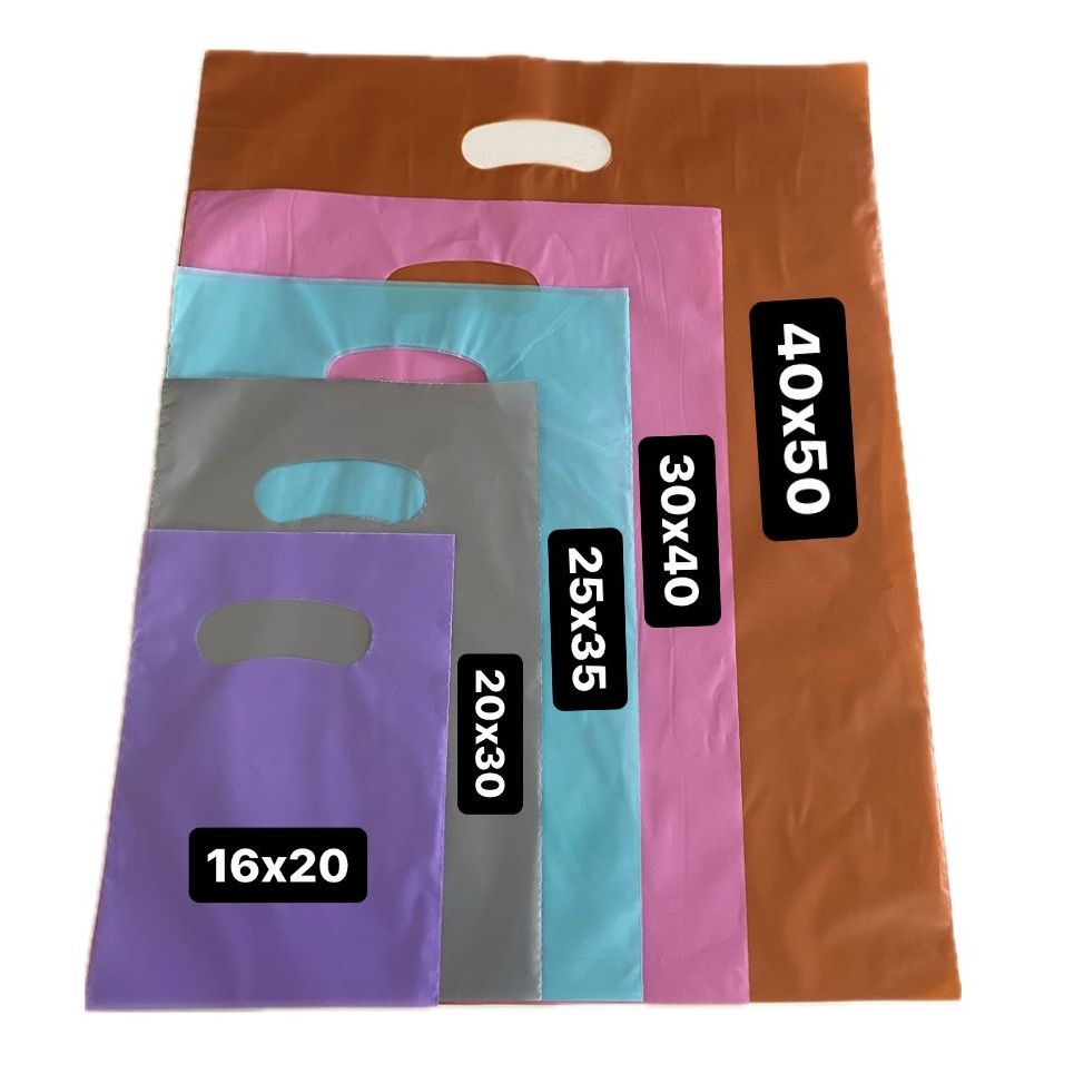 100 Sacolas Plásticas – 16X20 / 20X30 / 25X35 / 30X40 / 40X50 – Boca de Palhaço / Alça Vazada – Loja