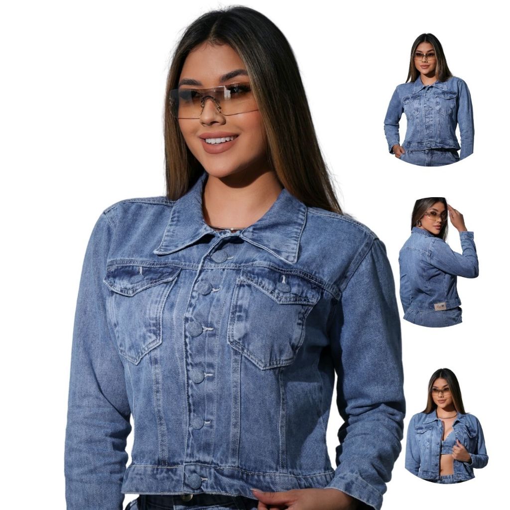 Jaqueta Jeans Feminina Premium Marmorizada Casaco Manga Comprida Botão Encapado Inverno Sem Elastano