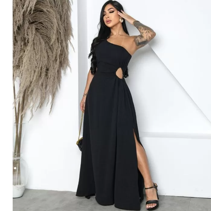 Vestido Longo Feminino Elegante Fenda Lateral Com 