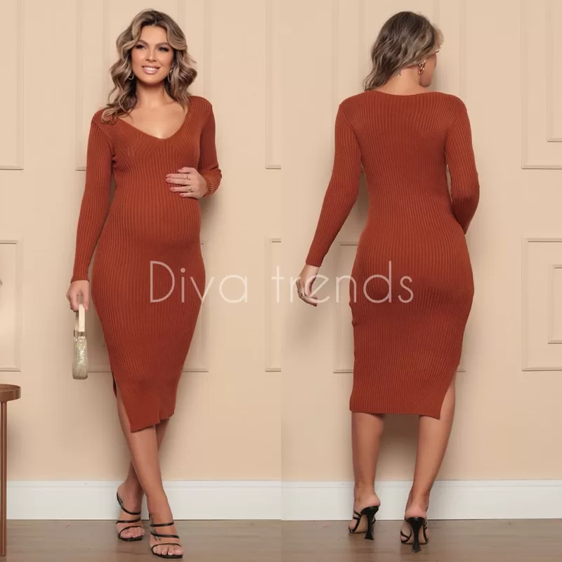 Vestido Inverno Gestante Até 6 Meses Modal Canelado Manga Longa Em V 2115