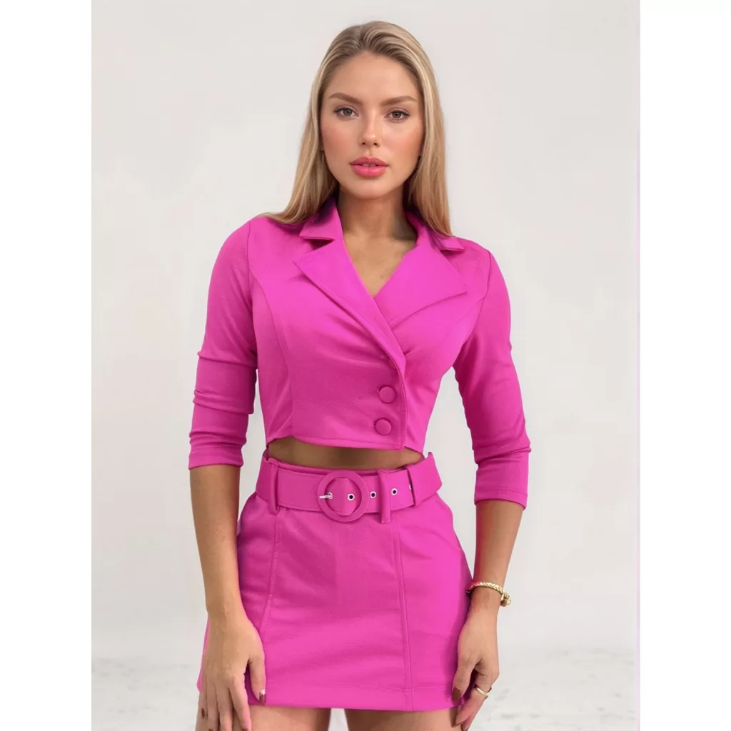 Macaquinho Blazer Feminino  Shorts Saia Curto Cinto Botões Forrado Montaria