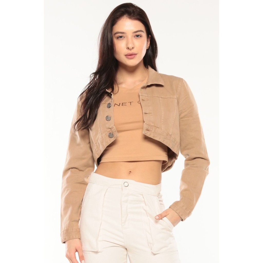Jaqueta Cropped Feminina em Sarja Planet Girls Bege Médio