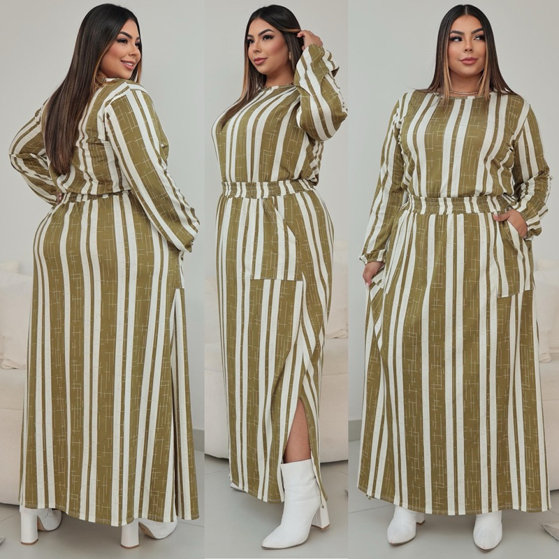 LANÇAMENTO PLUS SIZE Conjunto saia longa midi tres maria blusa manga curta tendência moda evangélica