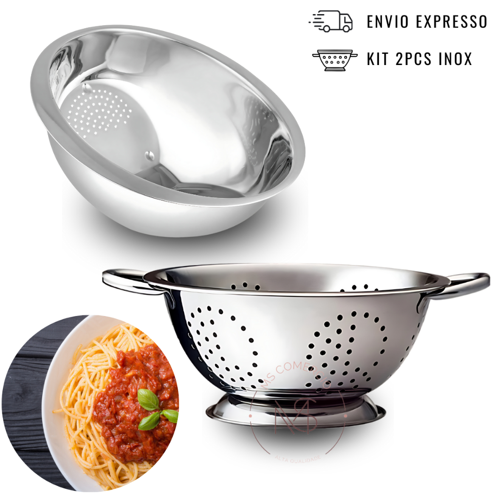 Kit Escorredor de Macarrão Massas e Escorredor de Arroz Lavador Inox