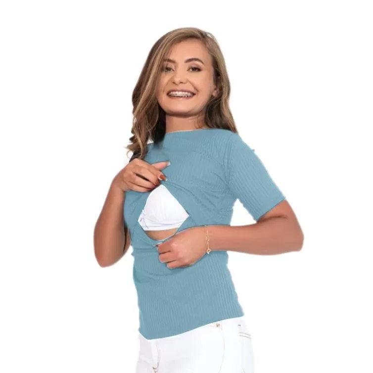 Blusa Amamentação Manga Curta Gola Alta Canelado