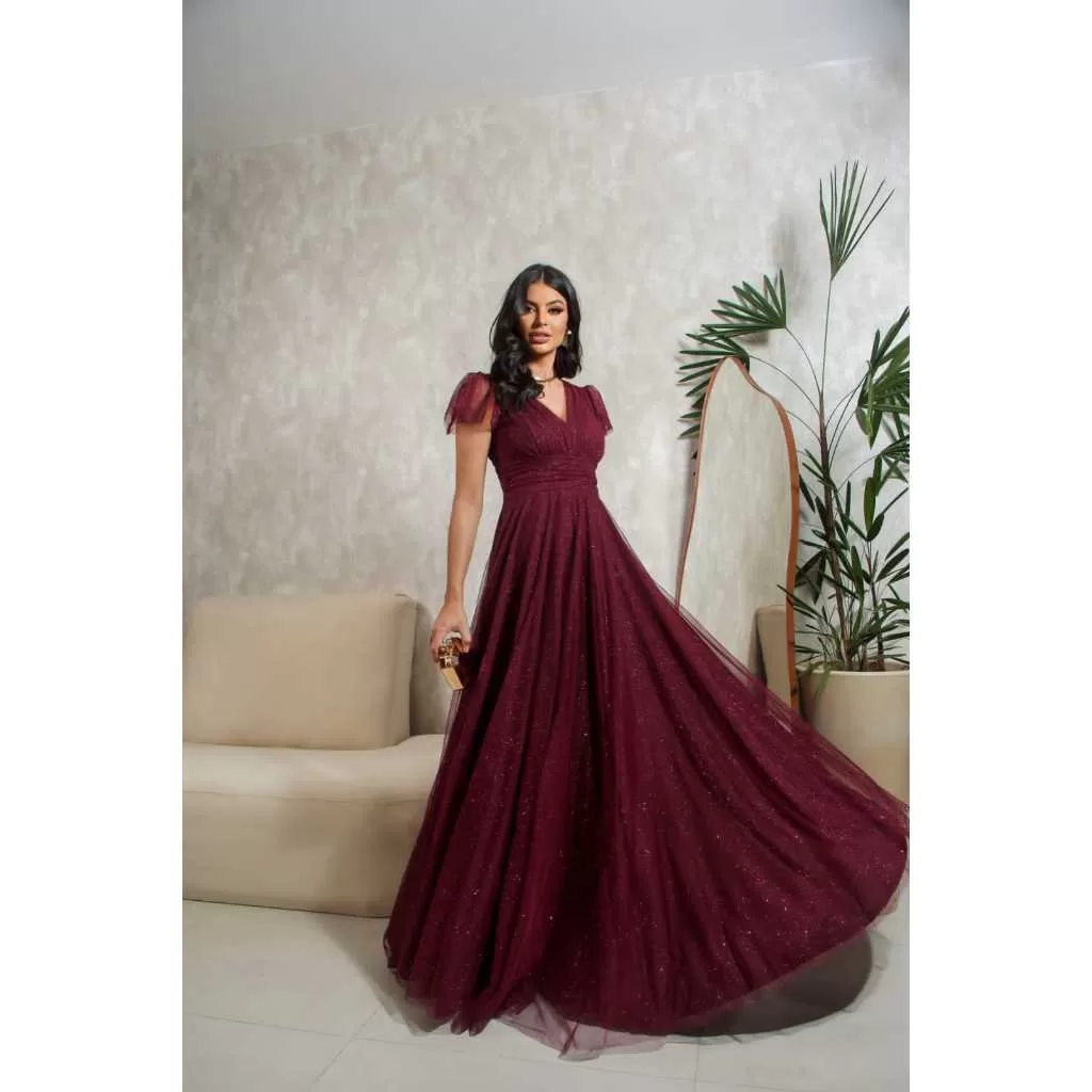 Vestido de Festa Formatura e Casamento Longo com Manga Curta de Tule Jho