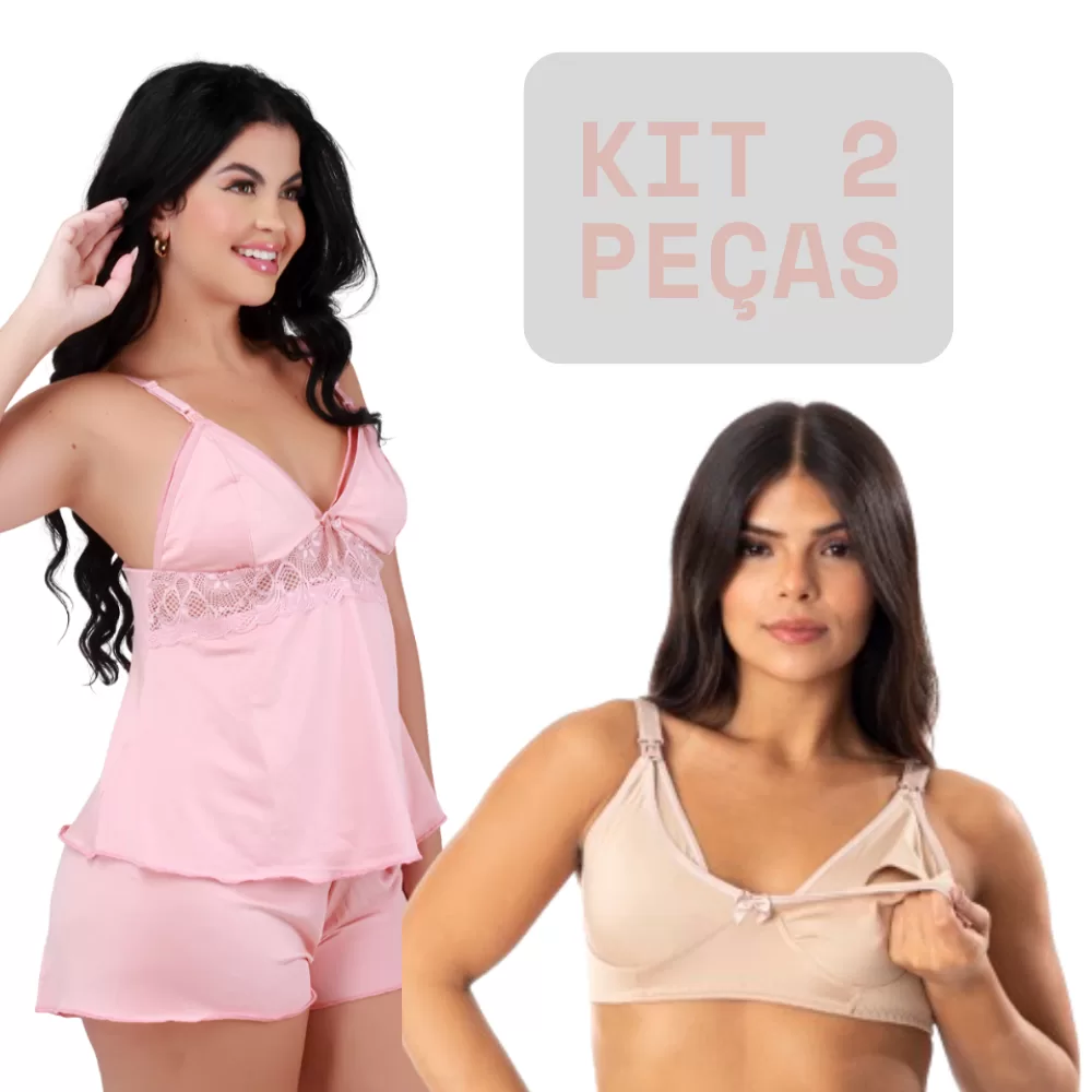 Kit Amamentação Baby Doll + Sutiã Em Microfibra Feminino Amamentar Gestante Pós Parto Maternidade