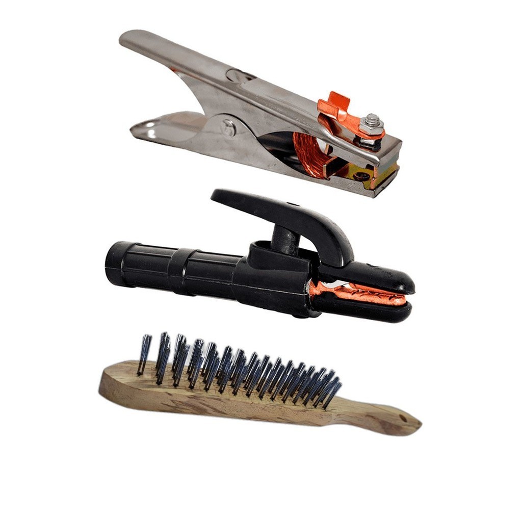 Kit Escova Manual 3 FIleiras Garra Negativa Grampo Terra Porta Eletrodo Alicate Máquina Solda 300a