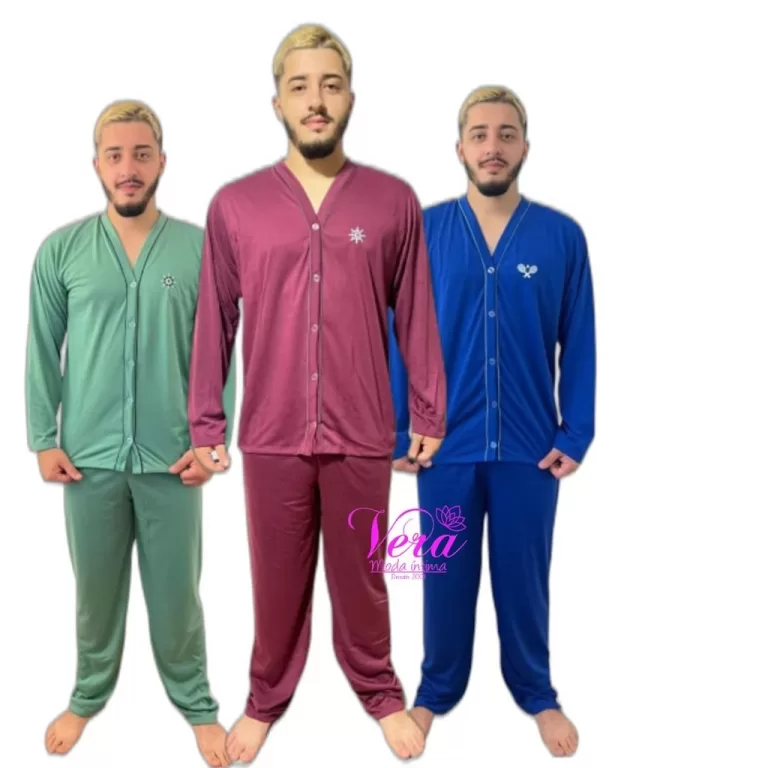Kit 3 Pijama Masculino Adulto Aberto Botão Longo 