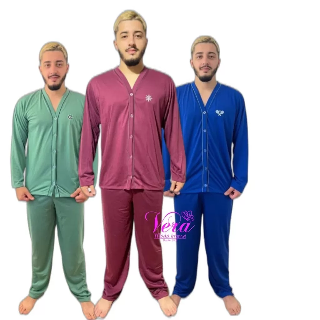 Kit 3 Pijama Masculino Adulto Aberto Botão Longo Cirurgia