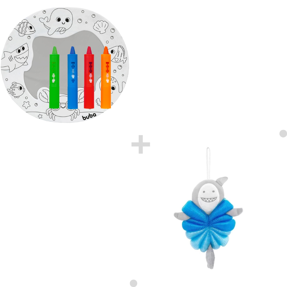 Kit Espelhinho De Atividades Hora Do Banho e Esponja Infantil Para Banho Amigos Marinhos Tubarão