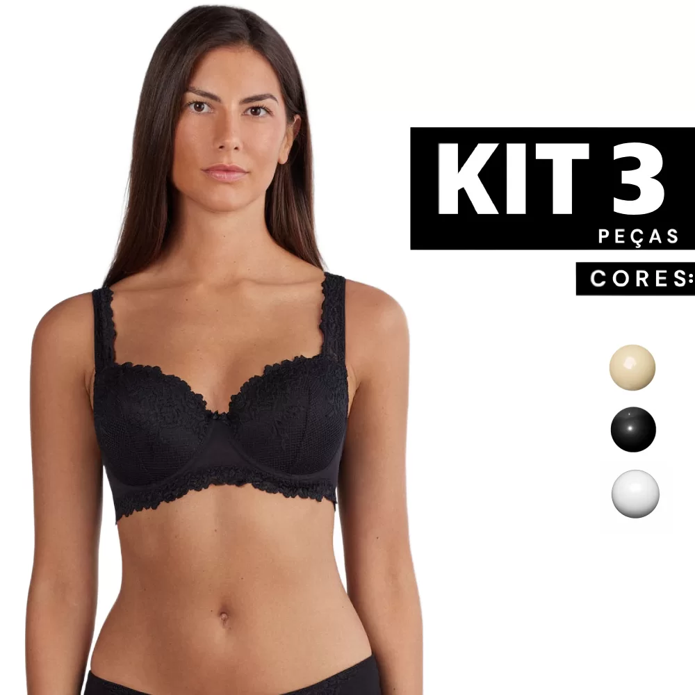 Kit 1 à 3 Sutiã com Bojo e Aro Reforçado em Renda Confortável Feminino
